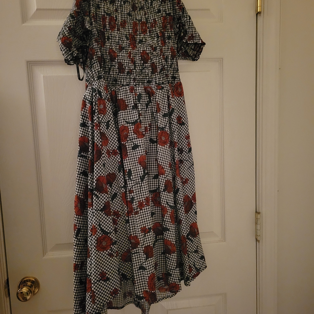 City Chic Black & White Gingham Midi Dress with Red Floral Print